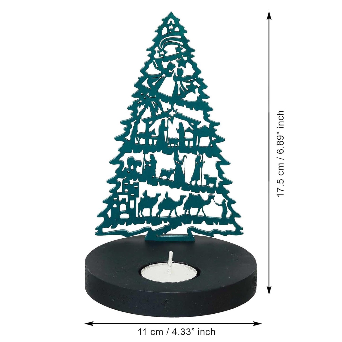 Teal metal Christmas tree decoration with dimensions