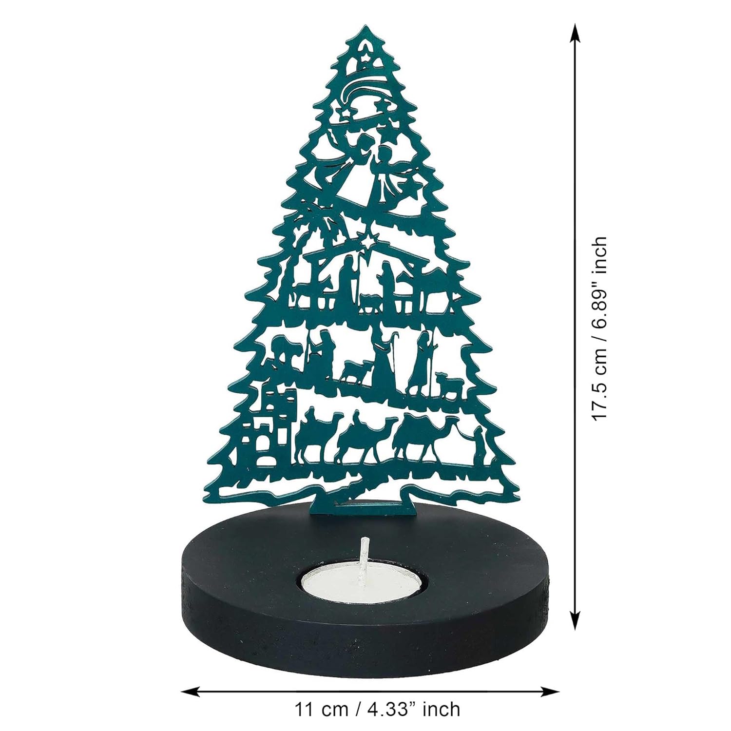 Teal metal Christmas tree decoration with dimensions
