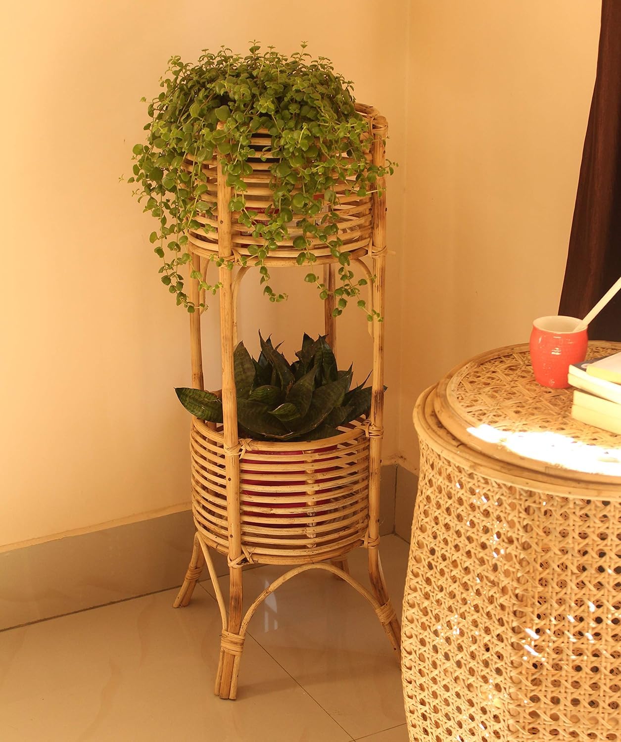 Handmade Double Cane Planter with Stand