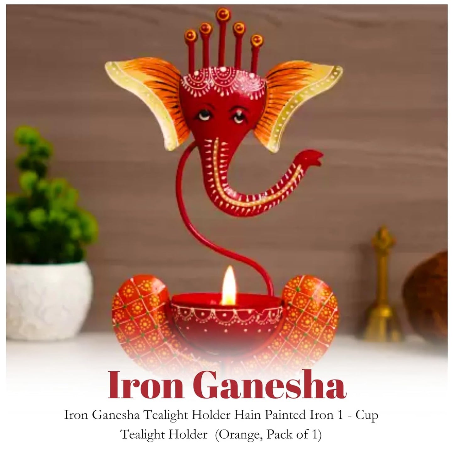 Iron Metal Lord Ganesh Tealight Candle Holder Red, 12 Inch