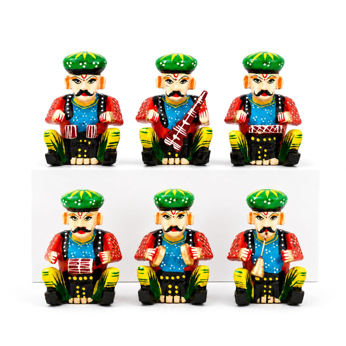 Handmade Wooden Rajasthani 6 Piece Musician Bawla Set Small