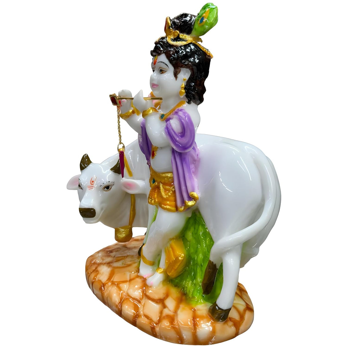 Decorative Marble Krishna with Cow Statue - Small