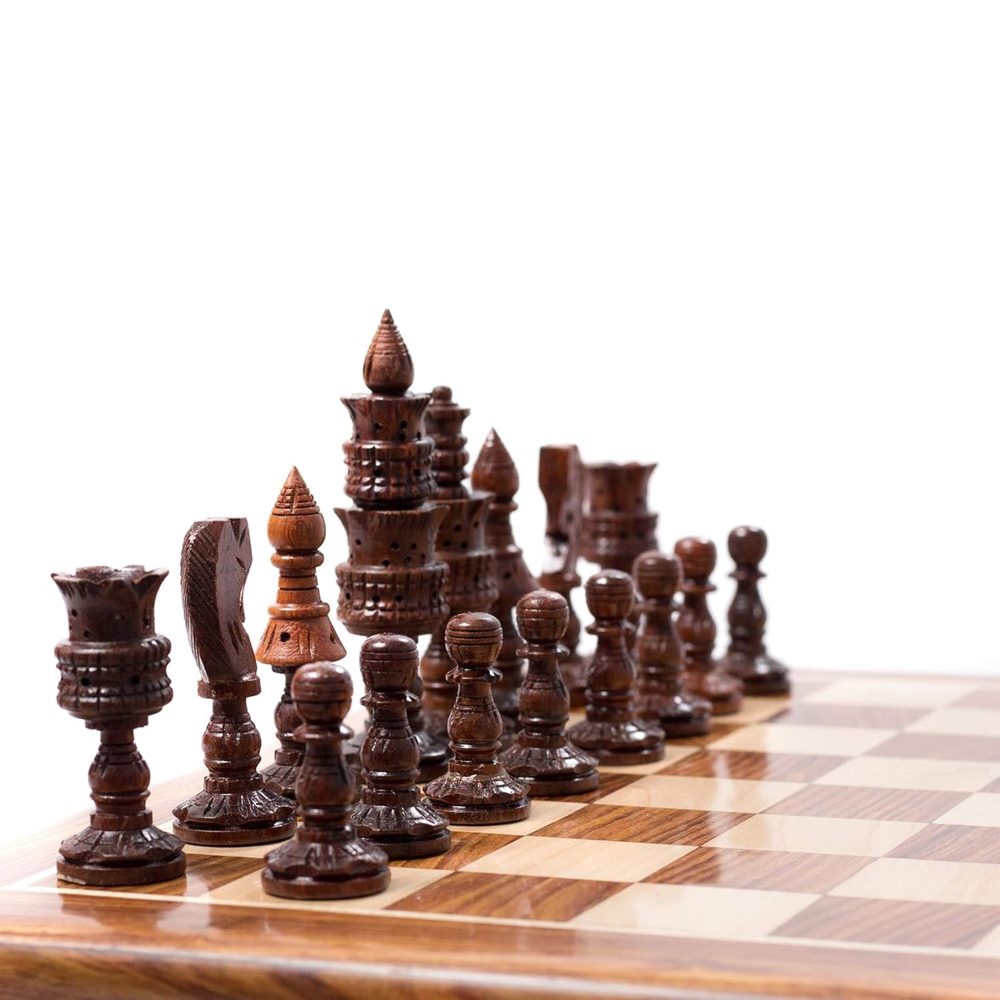 Hand Carved Lotus Chess Set with 16 Inch Flat Chess Board in Glossy Finish