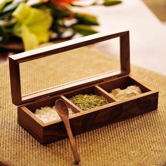 Engraved Multi-Utility Cum Spice Box With Container & Spoon In Sheesham Wood