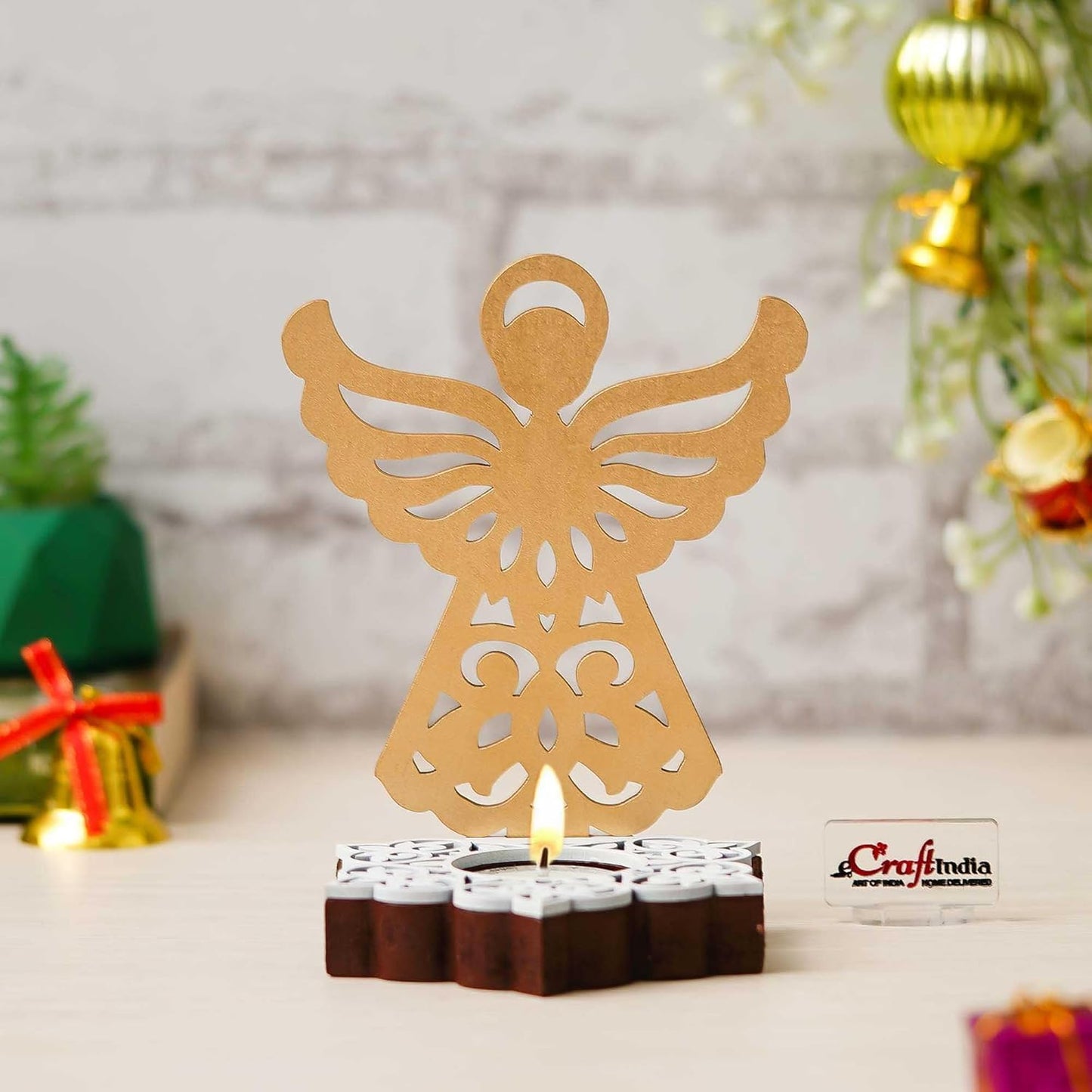 Fairy Showpiece Decorative Tea Light Candle Holder (Wooden, Golden)