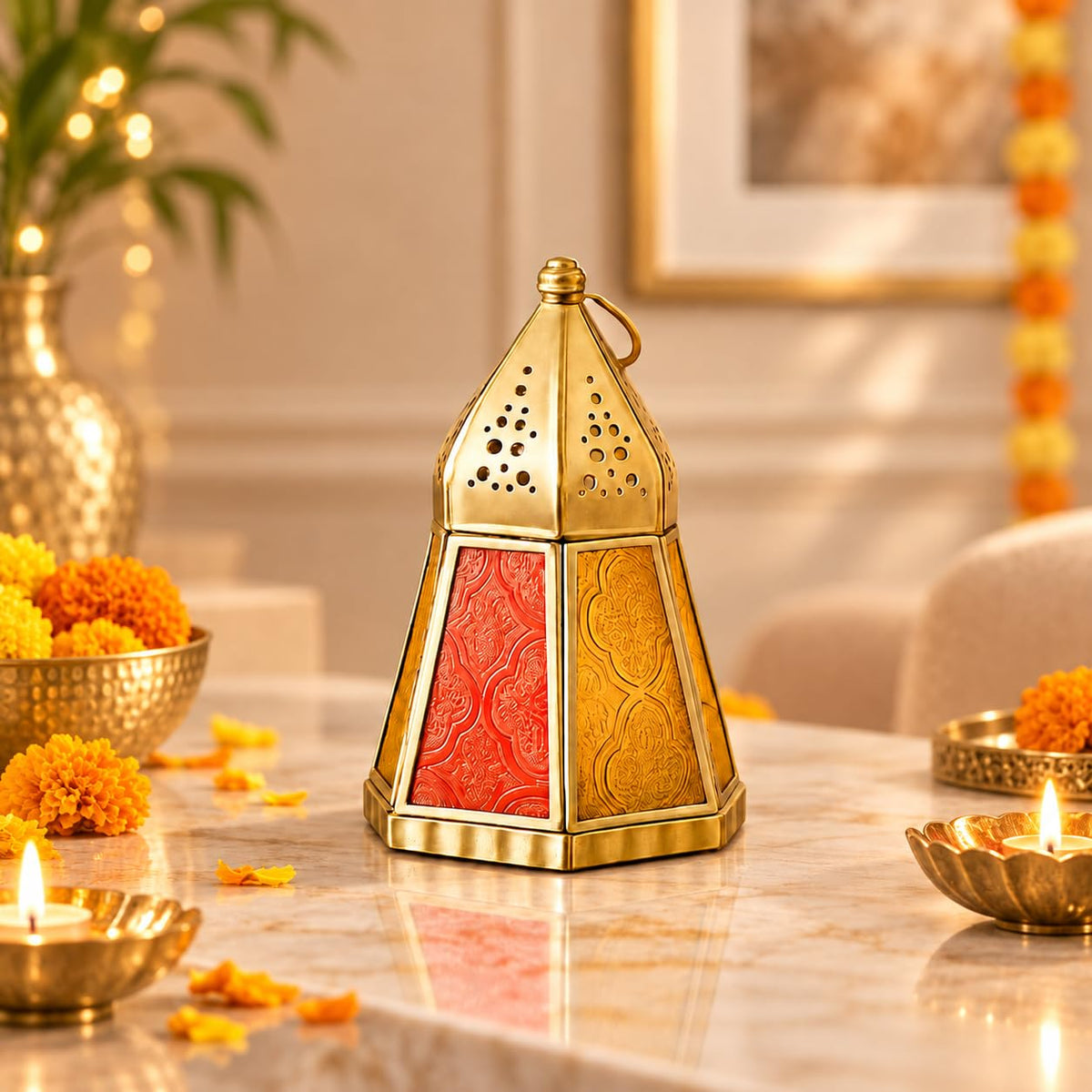Gold Iron Lantern with Red and Yellow Panels- 13.5 cm