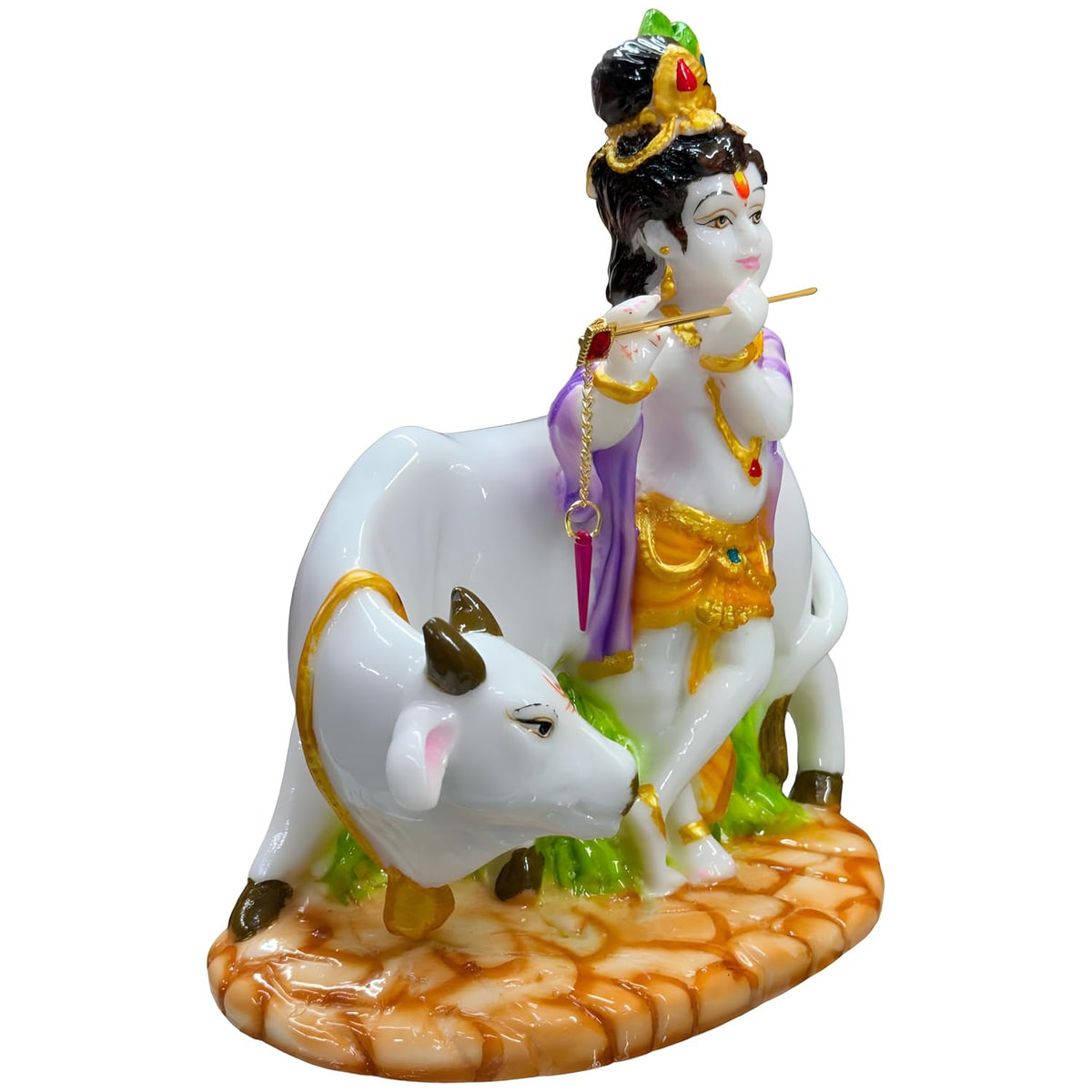 Decorative Marble Krishna with Cow Statue - Small