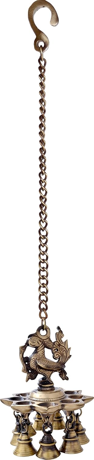 Peacock Design Brass Hanging Diya with Bells, Height: 14 Inches