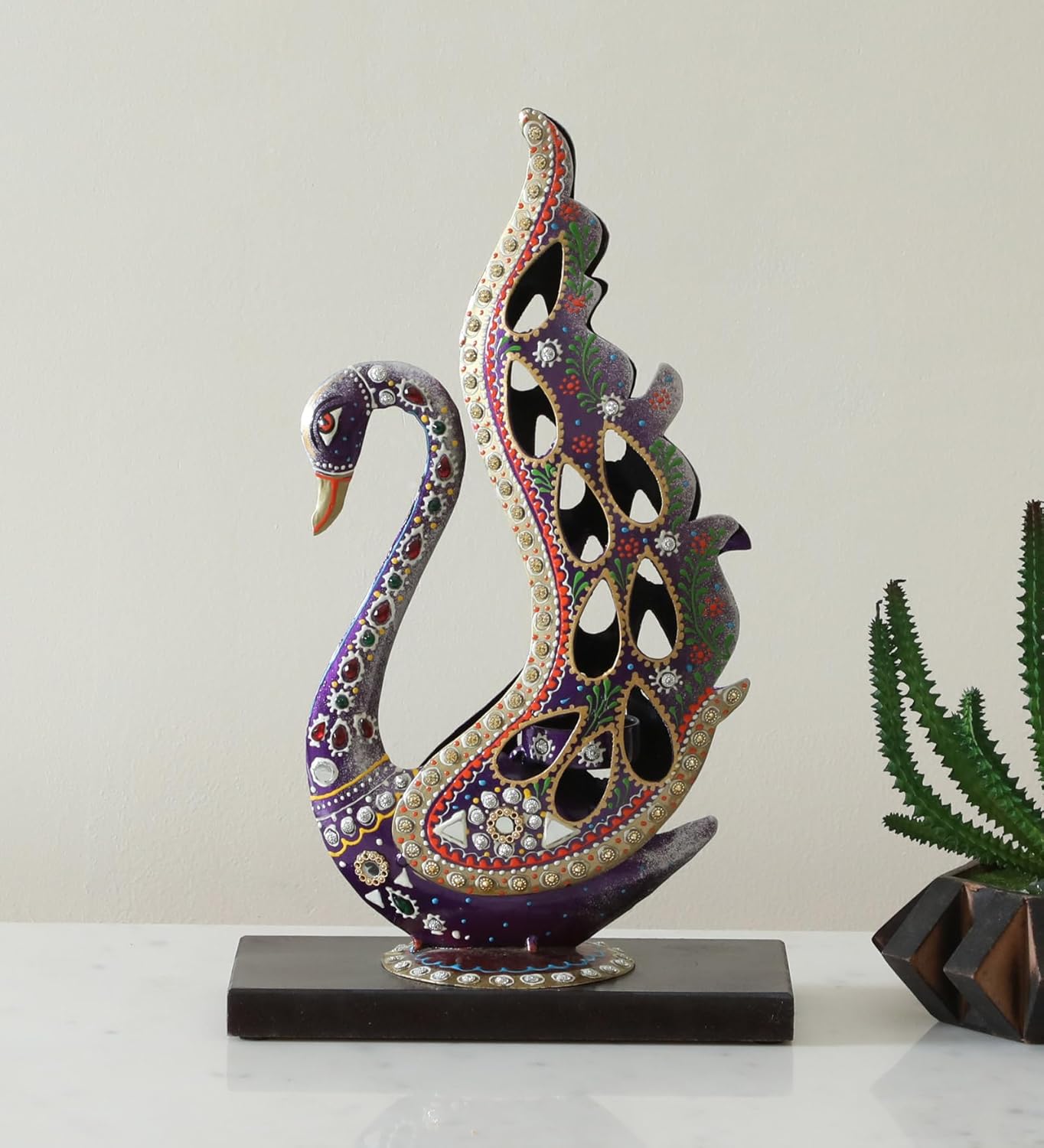 Multicolour Iron Juhi Swan T-Light Table Decor Figurine Showpiece Candle Holder