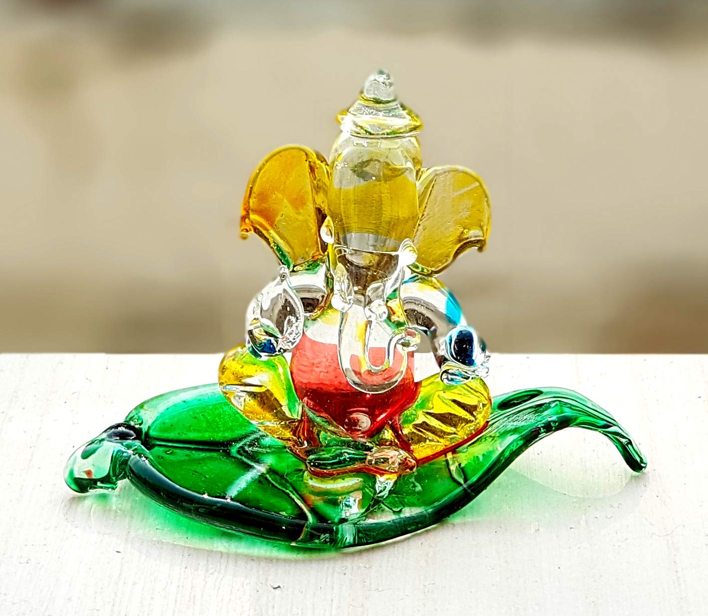 Glass Ganesha Idol on Leaf Base-ArtyCraftz.com