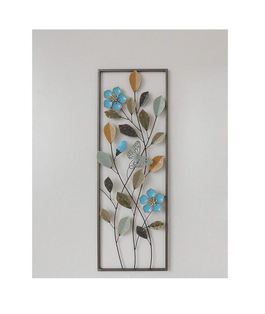 Blue Flowers with Butterfly Metal Wall Decor with Frame 12"x36