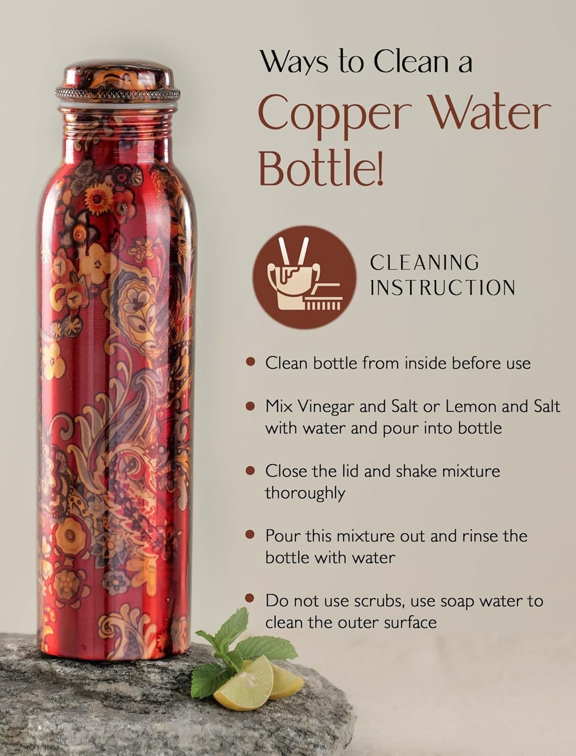 Pure Copper Floral Printed Water Bottle Joint-Less Leak-Proof - ArtyCraftz.com