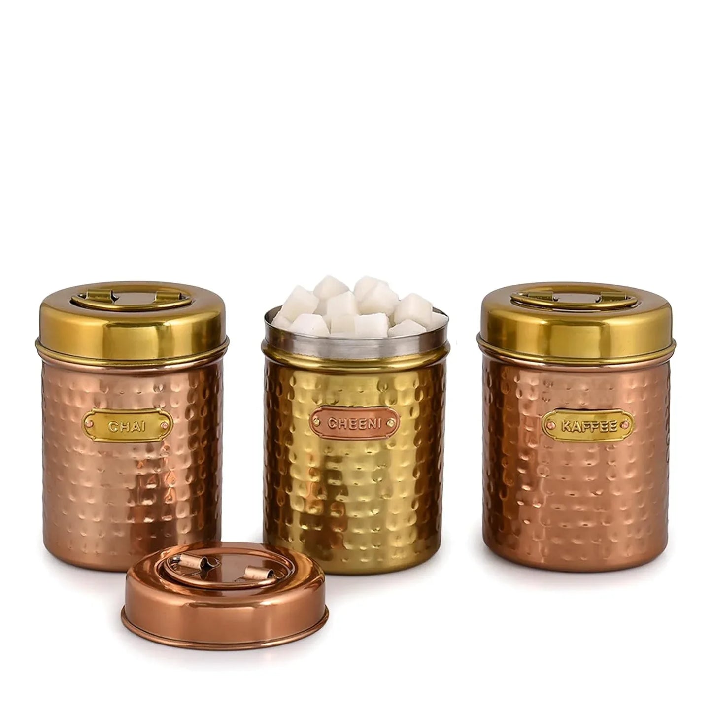 Set of 3 copper and golden colour canisters with labels on a white background