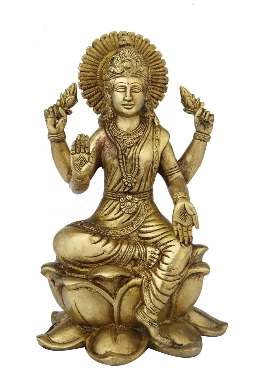 Brass Goddess Lakshmi Idol 11 Inch Lotus Seated Statue-ArtyCraftz.com