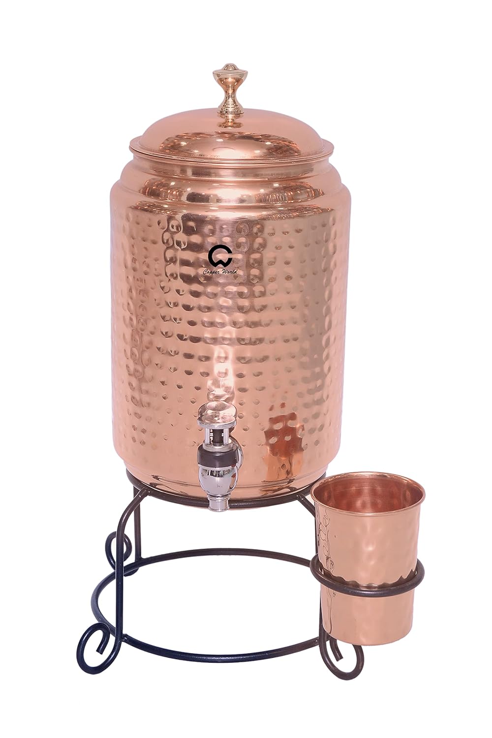 14000ML Hammered Copper Water Dispenser (Matka) with Stand & 1 Copper Glass, Leak Proof Container Pot