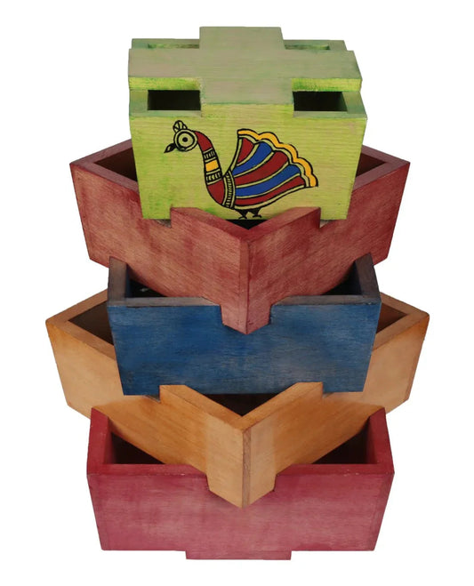 Wooden Colorful Unique Table Lamp with Madhubani Painting in White background