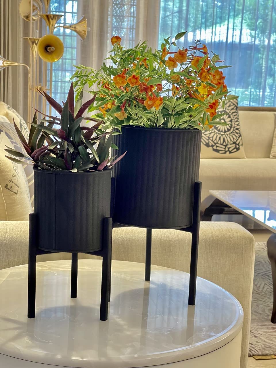 Sophisticated Strip Design Matt Black Iron Planter Holder with Stand