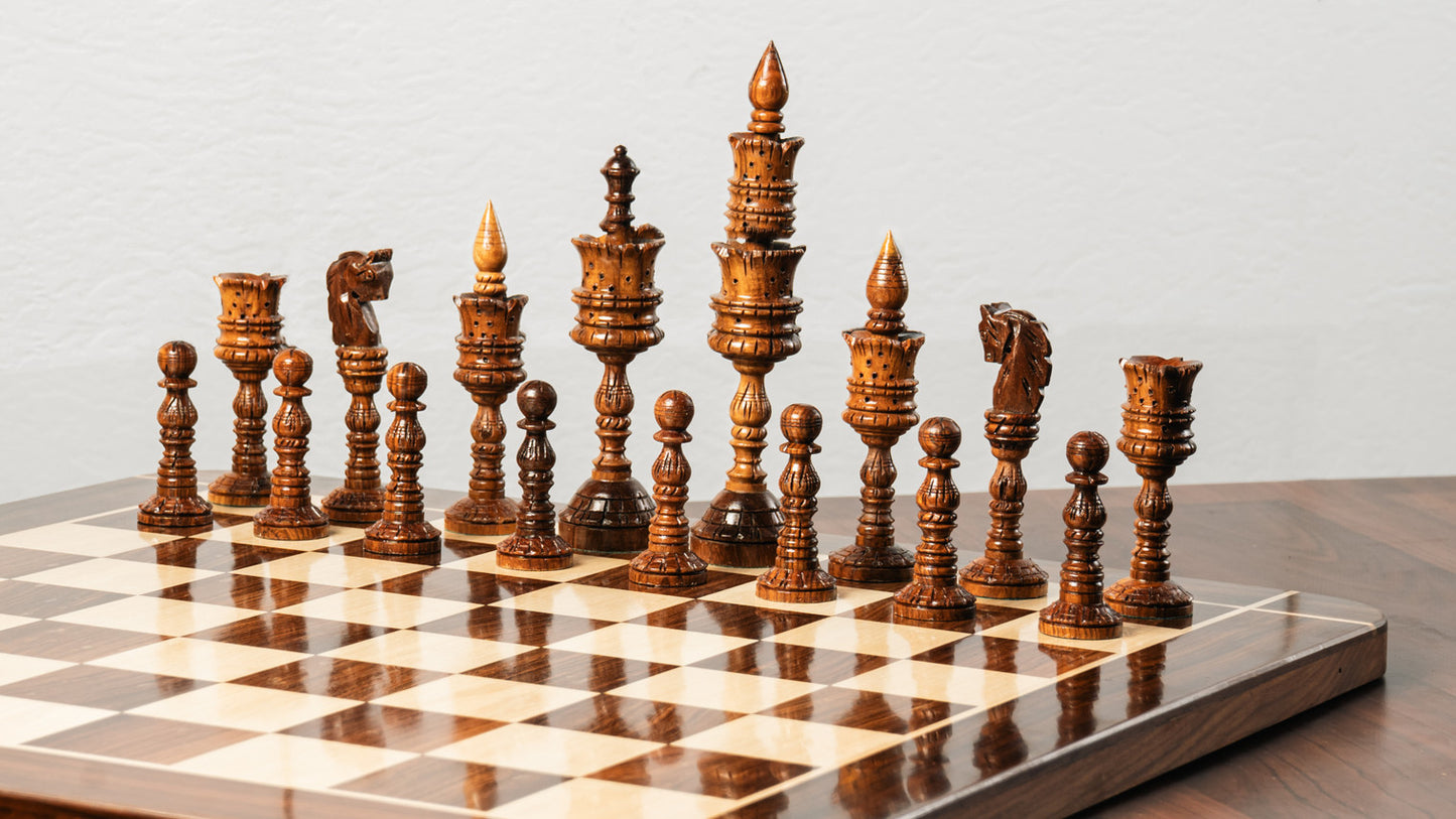 Hand Carved Lotus Chess Set with 16 Inch Flat Chess Board in Glossy Finish