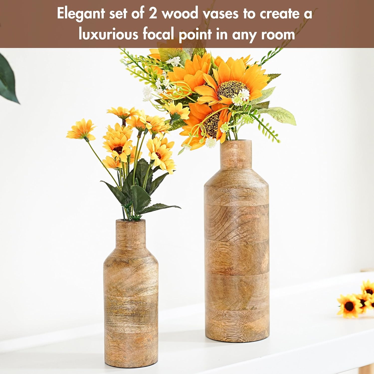 Two wooden vases with sunflower arrangements on a white surface.