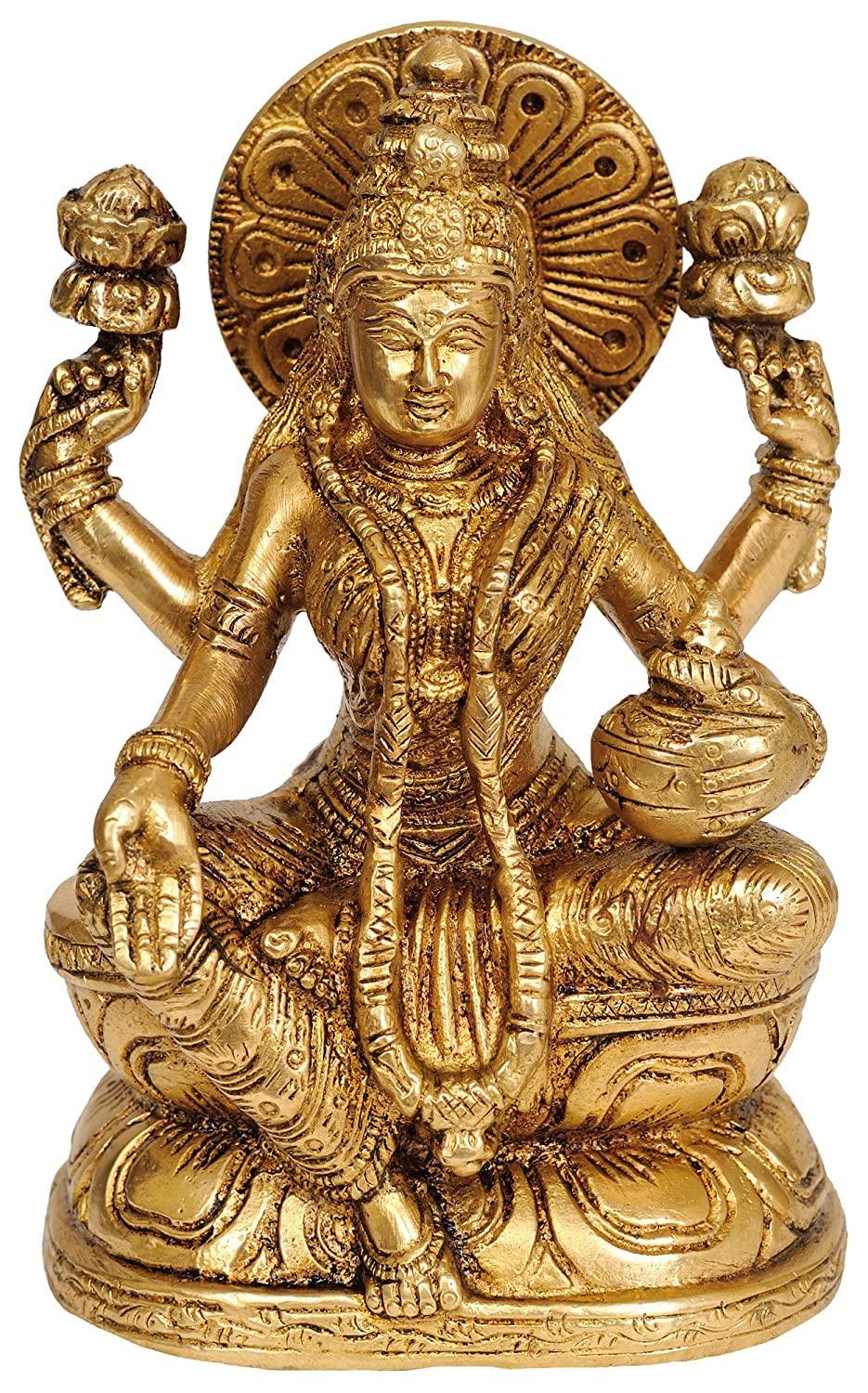 Brass Goddess Lakshmi with Pot of Wealth Statue-ArtyCraftz.com