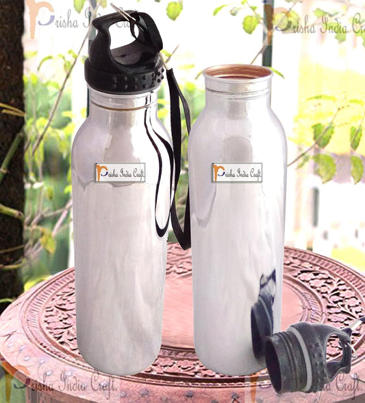 Pure Copper Water Bottle Outside Steel Coating with Plastic Cap 800 ml (Set of 2)