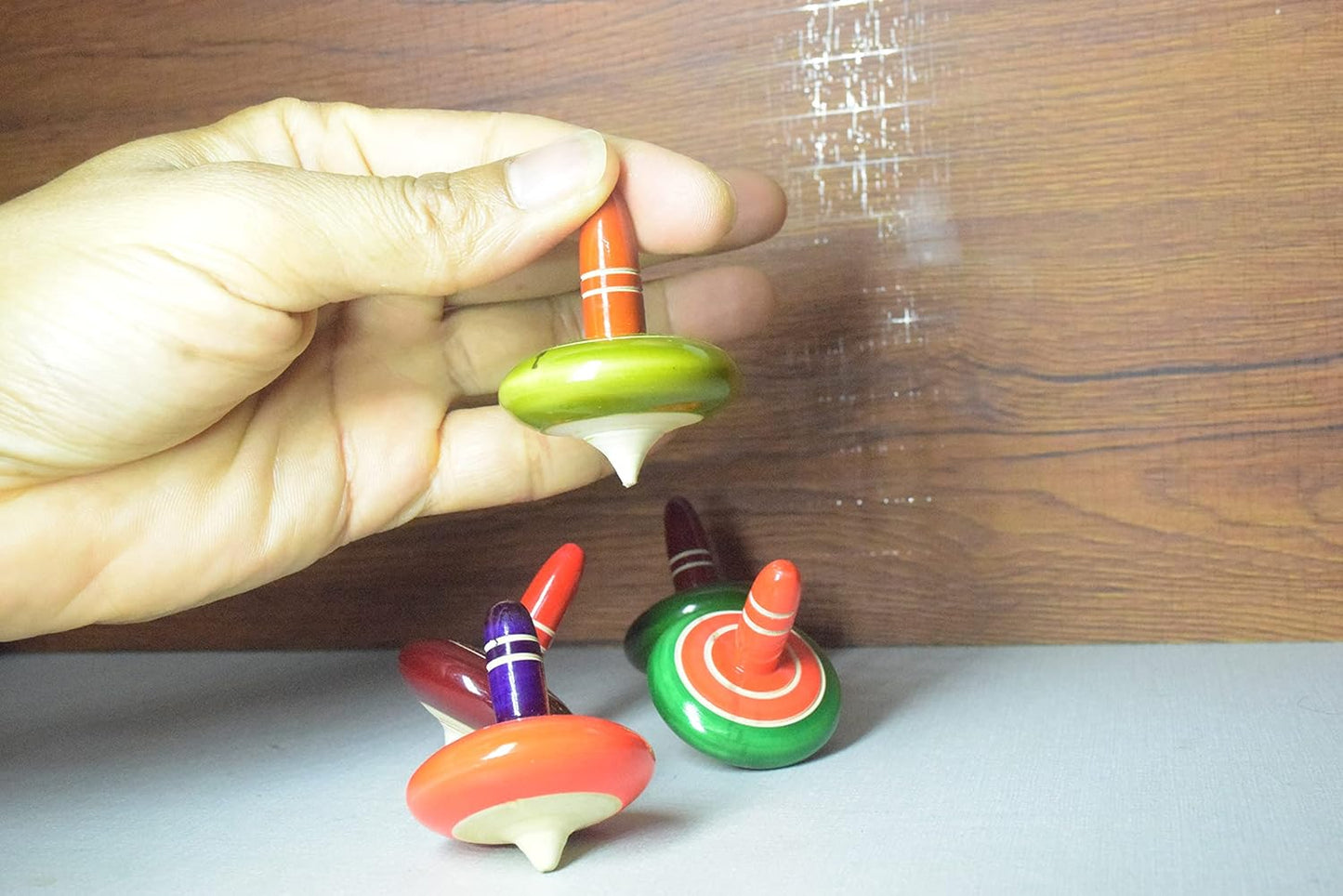 Channapatna Toys Wooden Hand Spinning Tops 5 nos (Buguri, Lattu) Multi Color