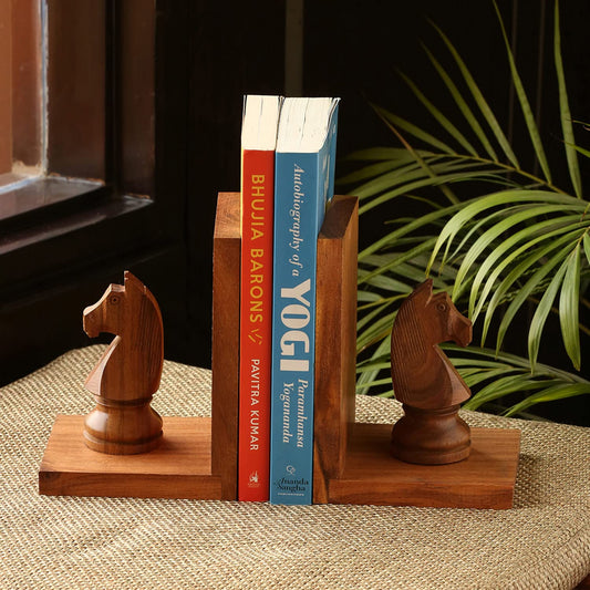 'Chess Horse' Sheesham Wooden Bookends 12.4 cm x 10.4 cm x 16.5 cm, Brown