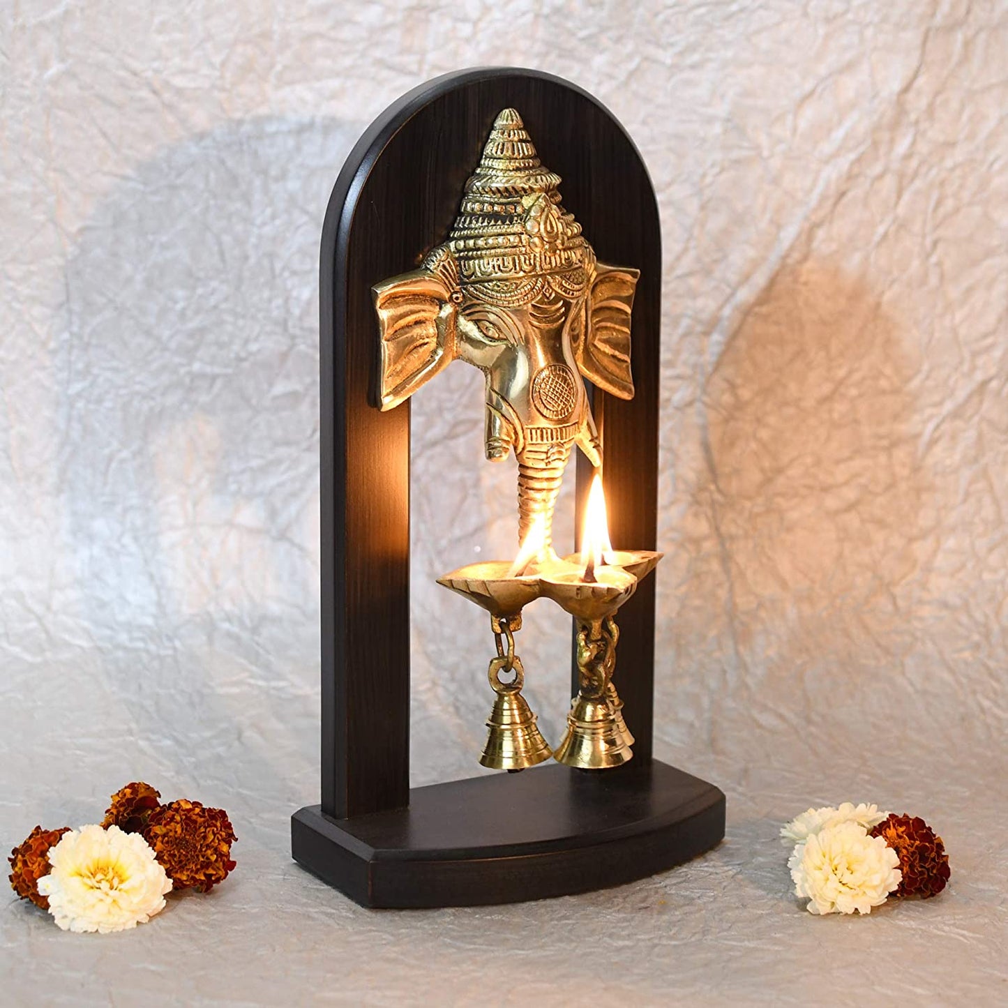 Ganesha Wooden Base Diya With Bells Showpiece