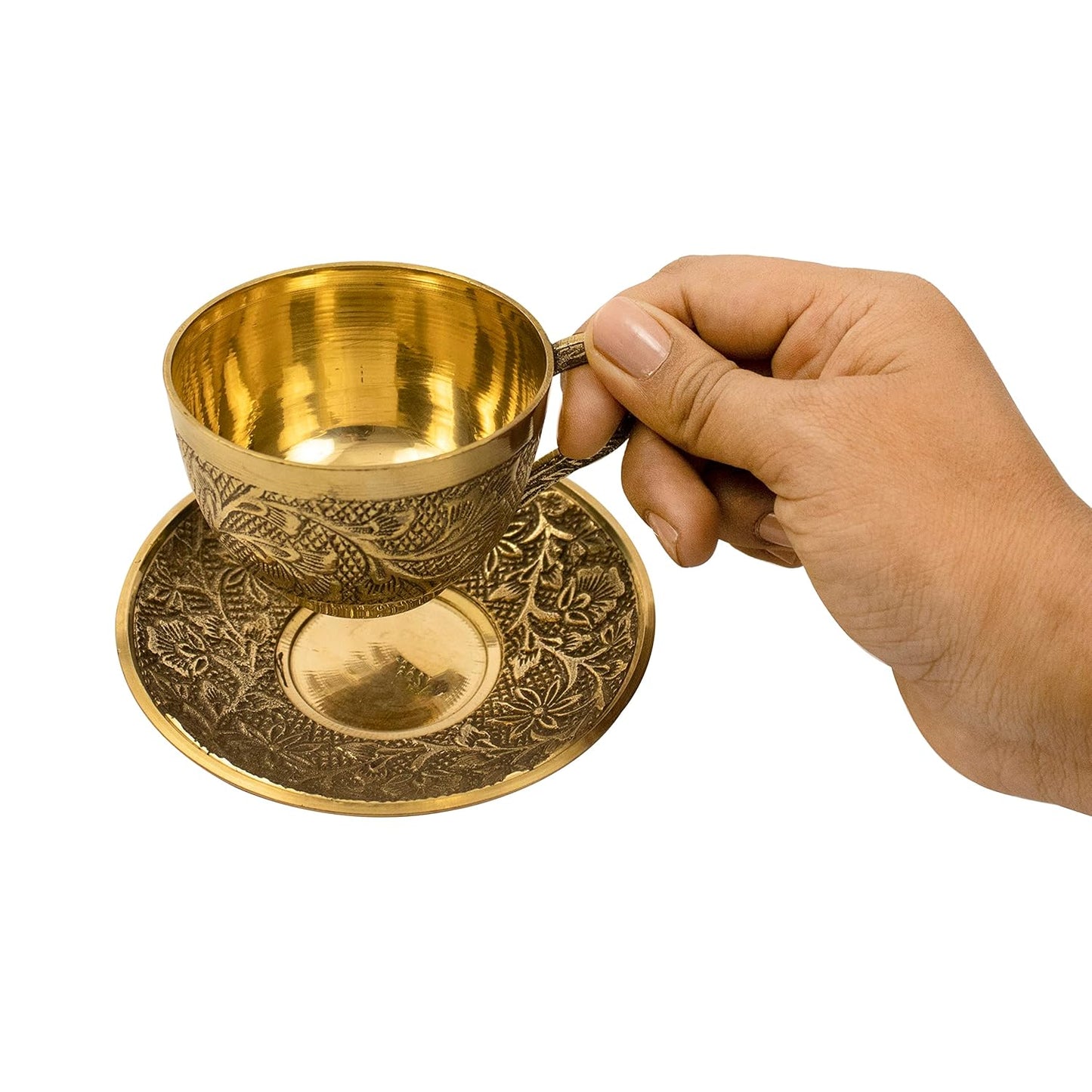 Luxury Handcrafted Brass Tea Cup with Engraved Saucer – 125 ML