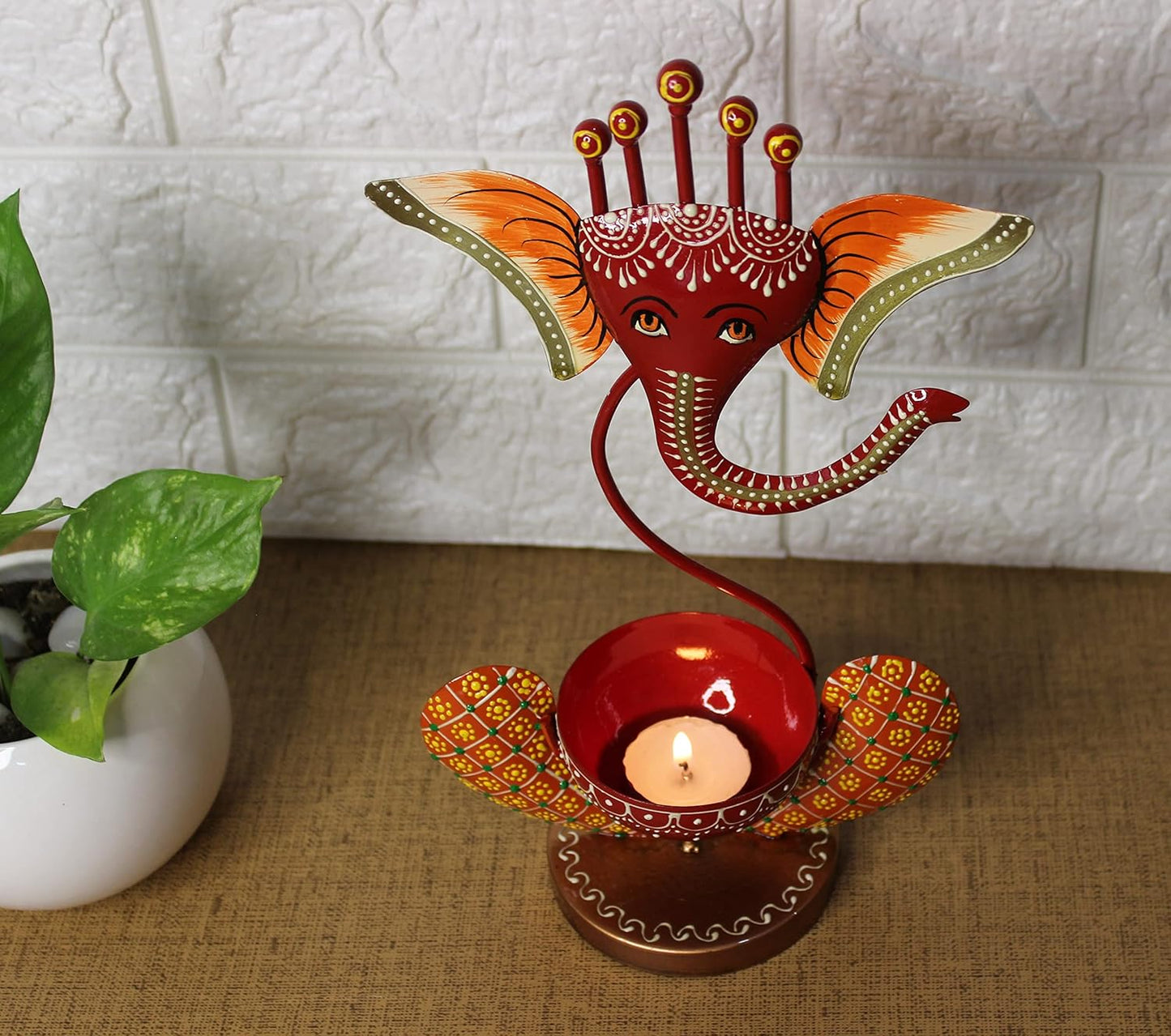 Iron Metal Lord Ganesh Tealight Candle Holder Red, 12 Inch