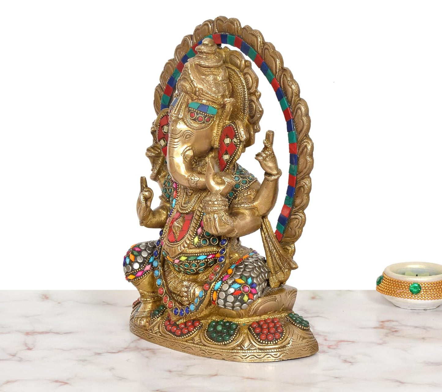 Handcrafted Multicolor Brass Ganesha Idol with Decorative Arch for Home Temple – 10 Inch