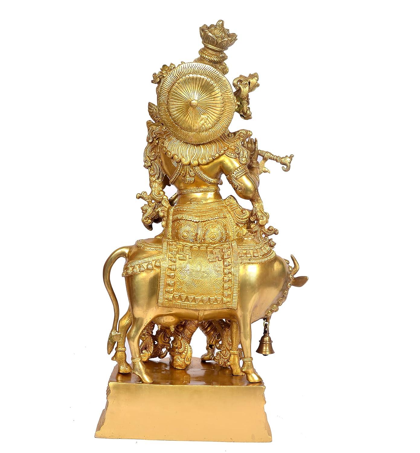 Large Brass Krishna with Cow Statue -ArtyCraftz.com