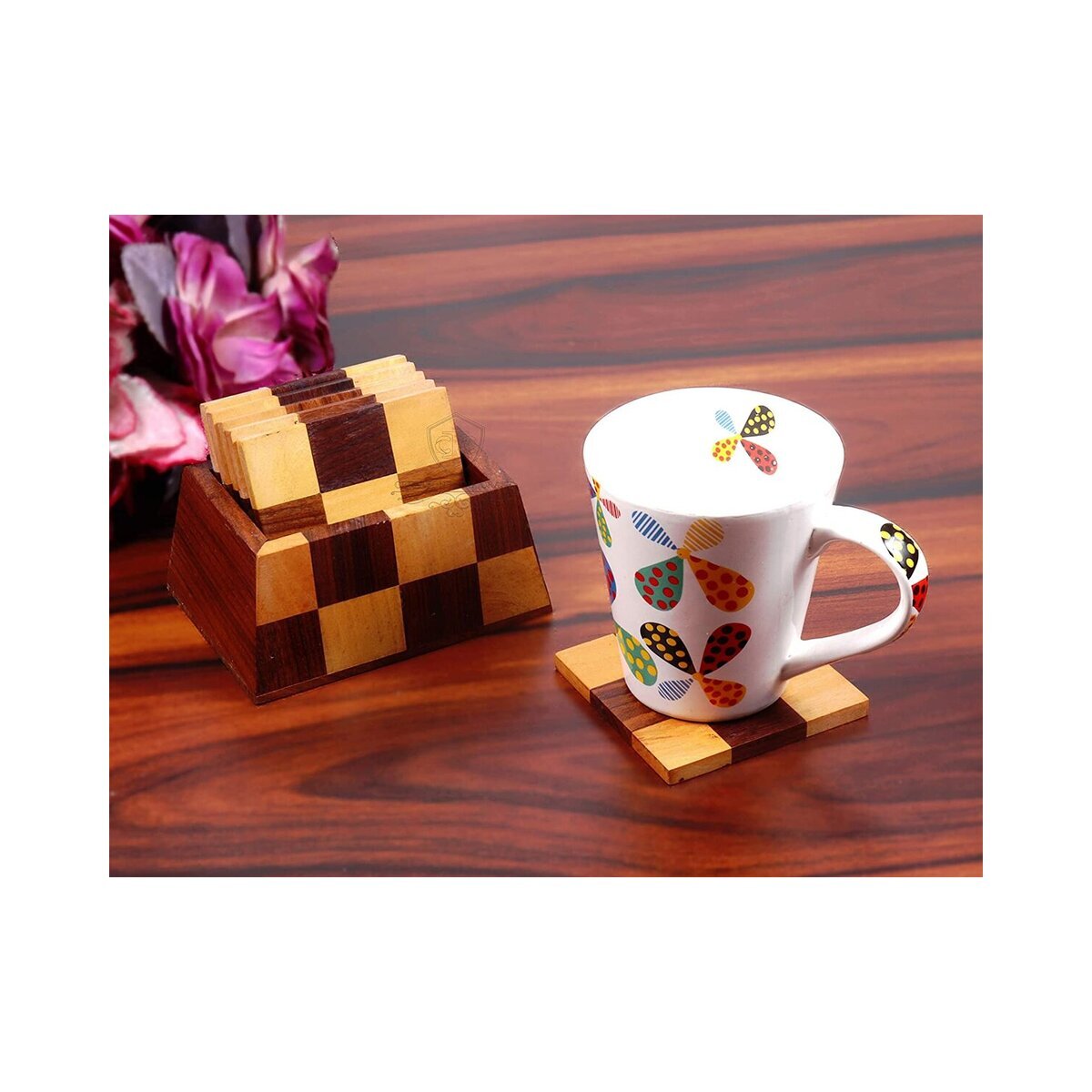 Handcrafted Wooden Coasters for Cup with Stand for Kitchen Accessories