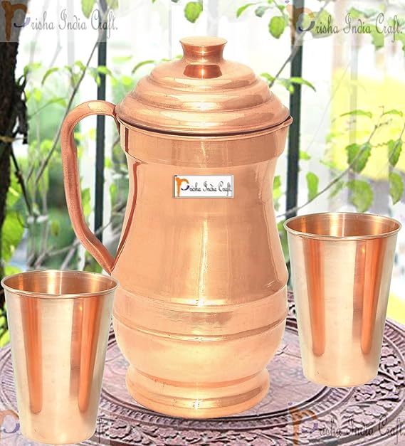 Pure Copper Maharaja Jug 1800 ML with 2 Pure Copper Plain Glass Set, Copper Drinkware Set