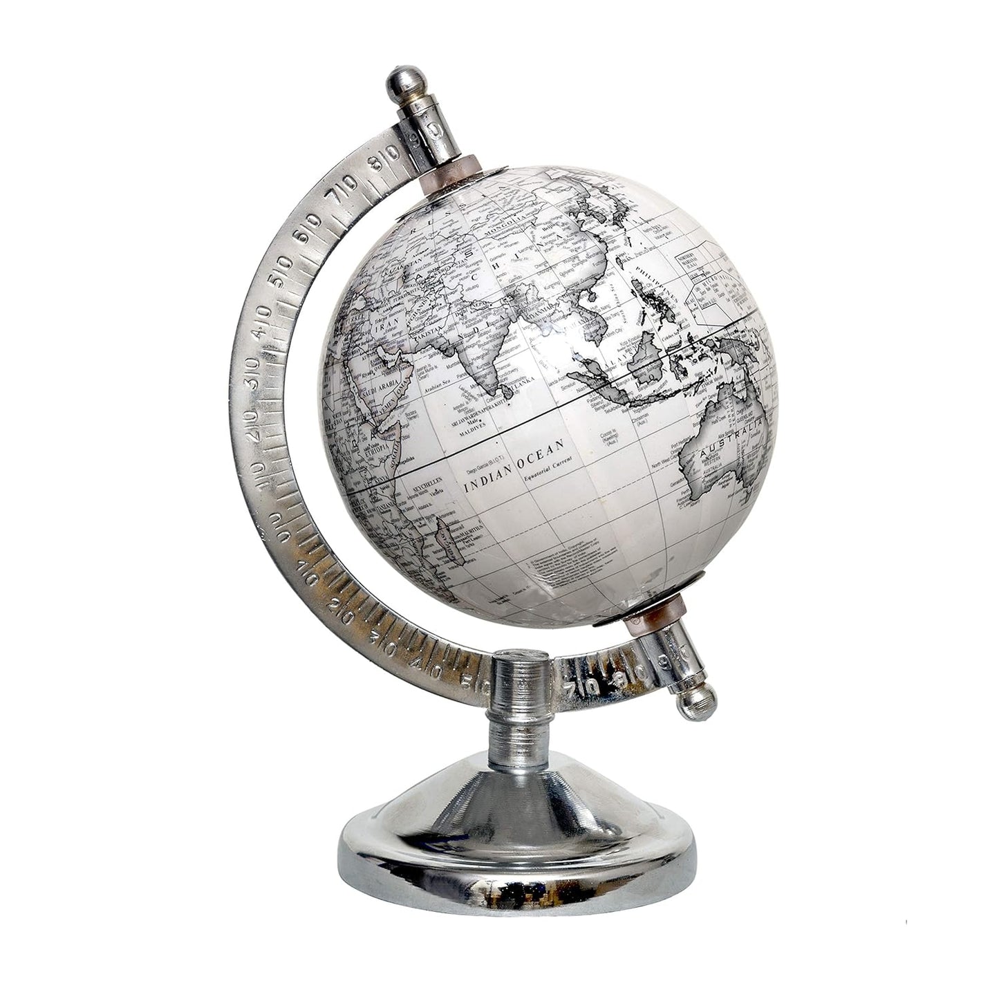 Silver Metal Desk Globe Showpiece – Vintage World Map Decorative Globe
