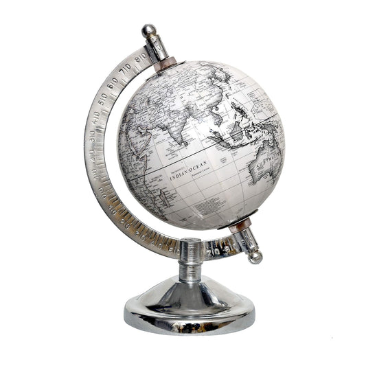 Silver Metal Desk Globe Showpiece – Vintage World Map Decorative Globe