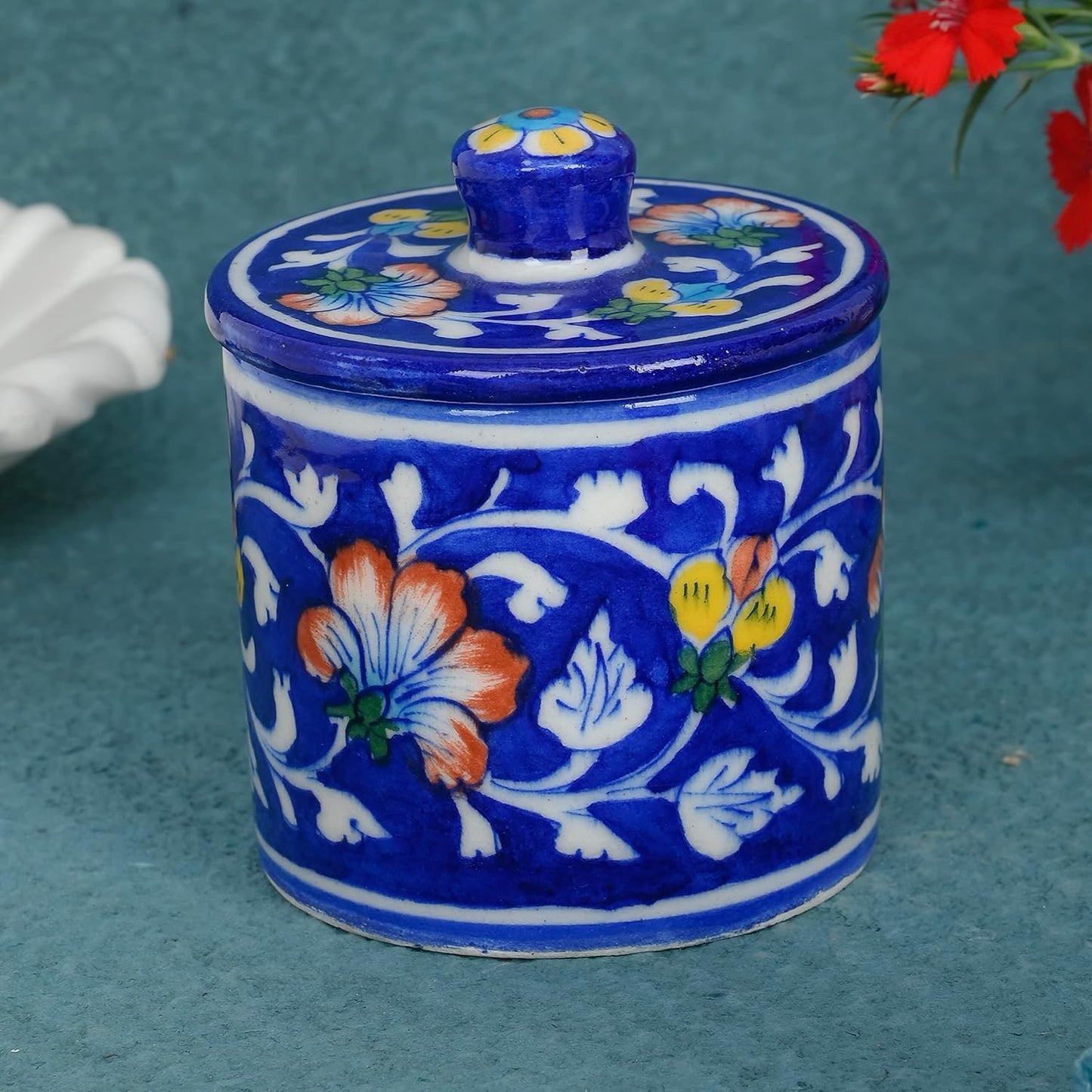 Handmade Handpainted Ceramic Airtight Jar for Coffee and Tea Powder Blue Color