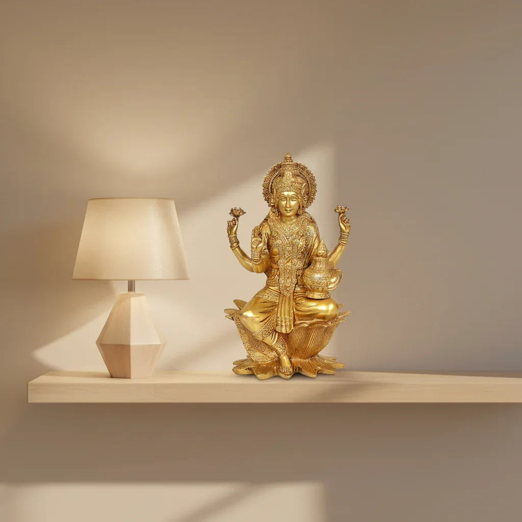 Brass Lakshmi Sitting On Lotus Idol-ArtyCraftz.com