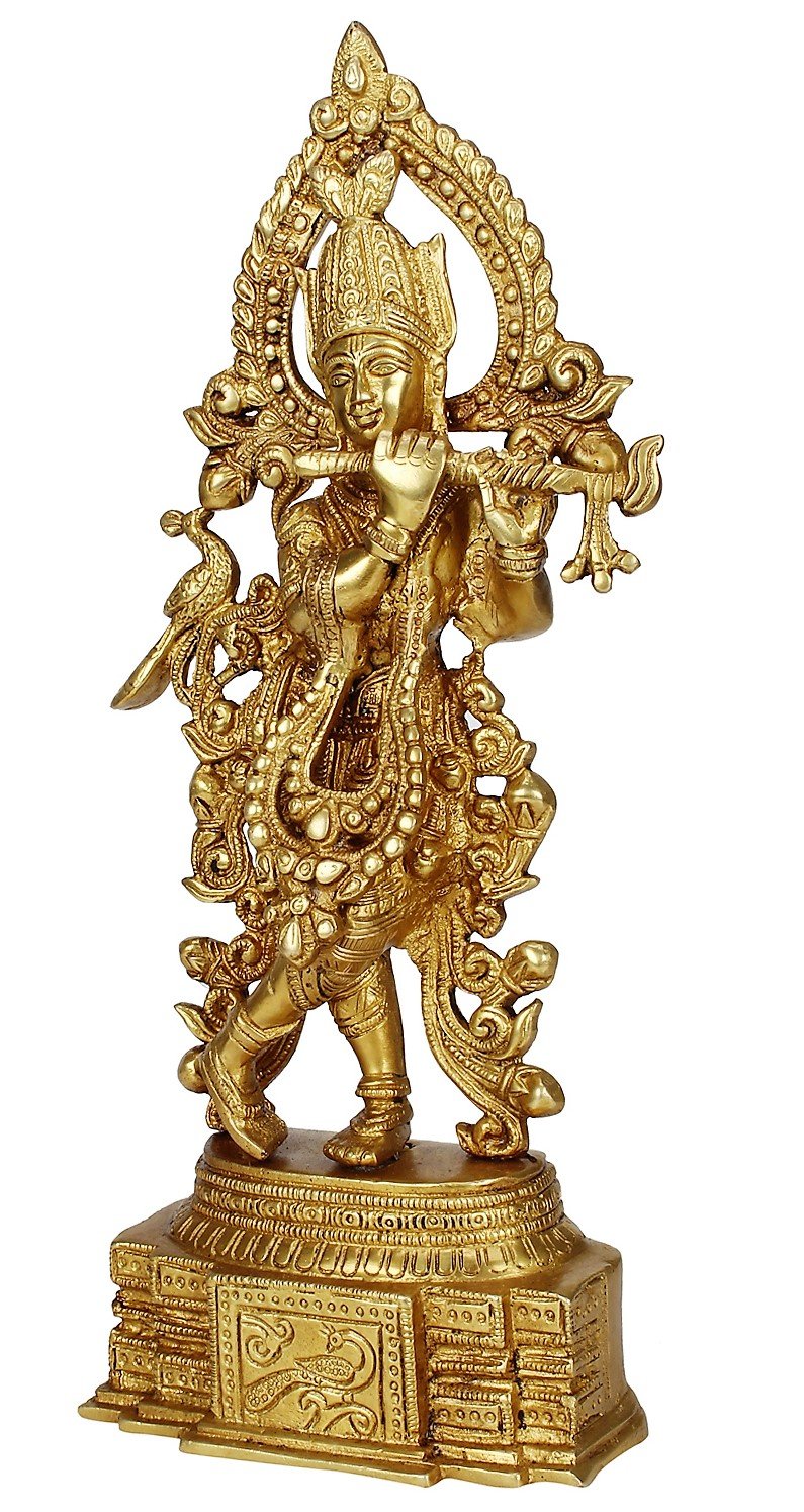 Brass Krishna Statue with Ornate Arch -35 cm Decorative Metal Sculpture