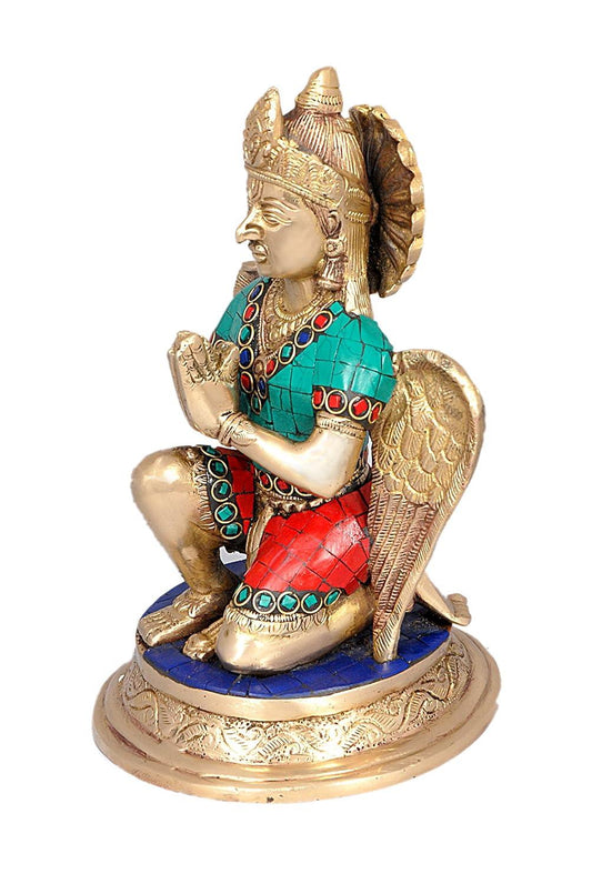 Brass Lord Vishnu Vehicle Garuda Statue, Height 8.8 Inches