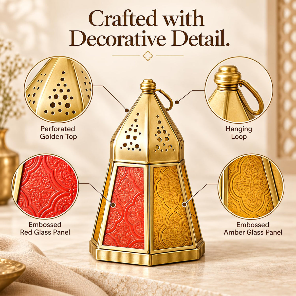 Gold Iron Lantern with Red and Yellow Panels- 13.5 cm