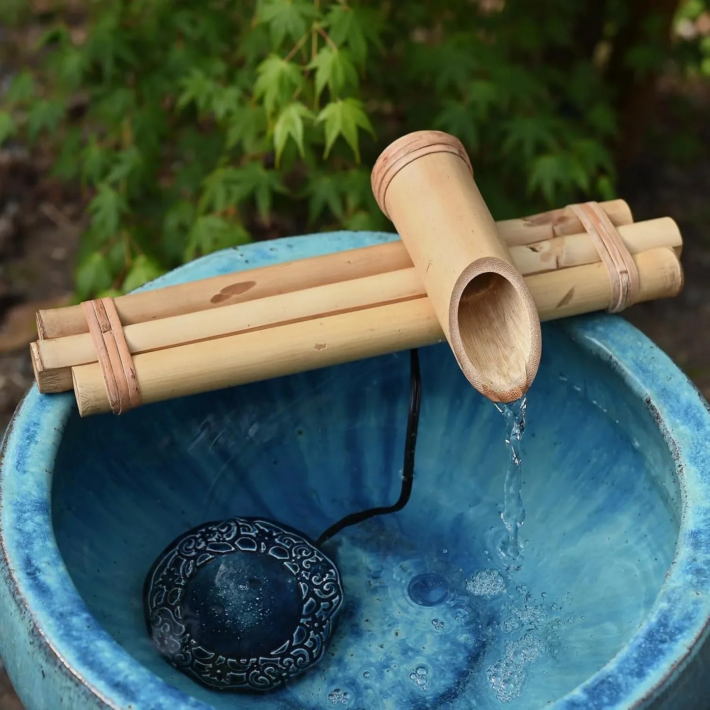 Bamboo Three Arm Water Spout & Pump with Blue Pot