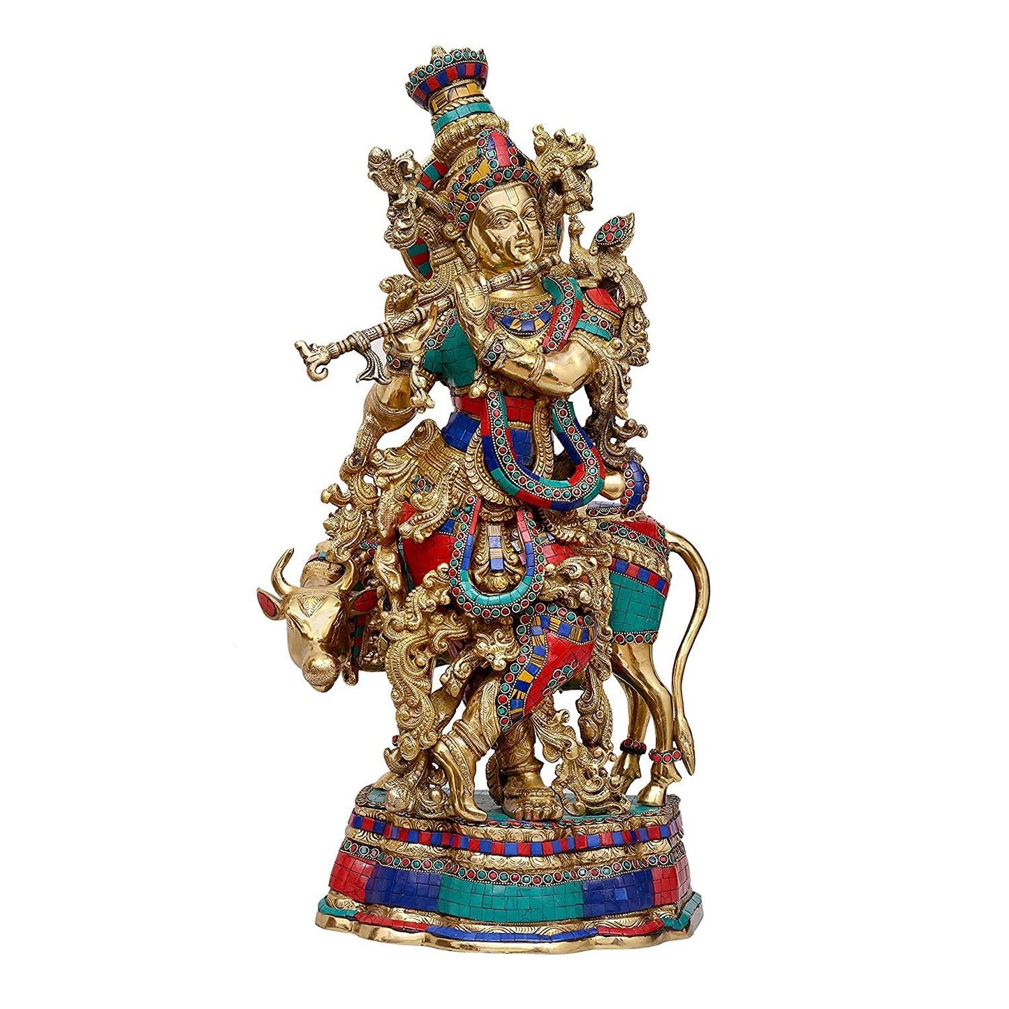 Large Brass Krishna with Cow Statue-ArtyCraftz.com