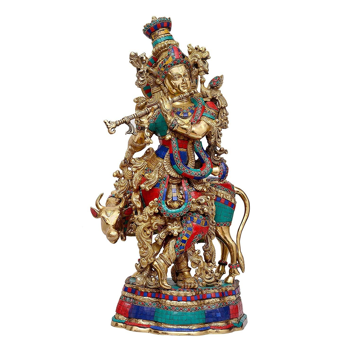 Large Brass Krishna with Cow Statue-ArtyCraftz.com