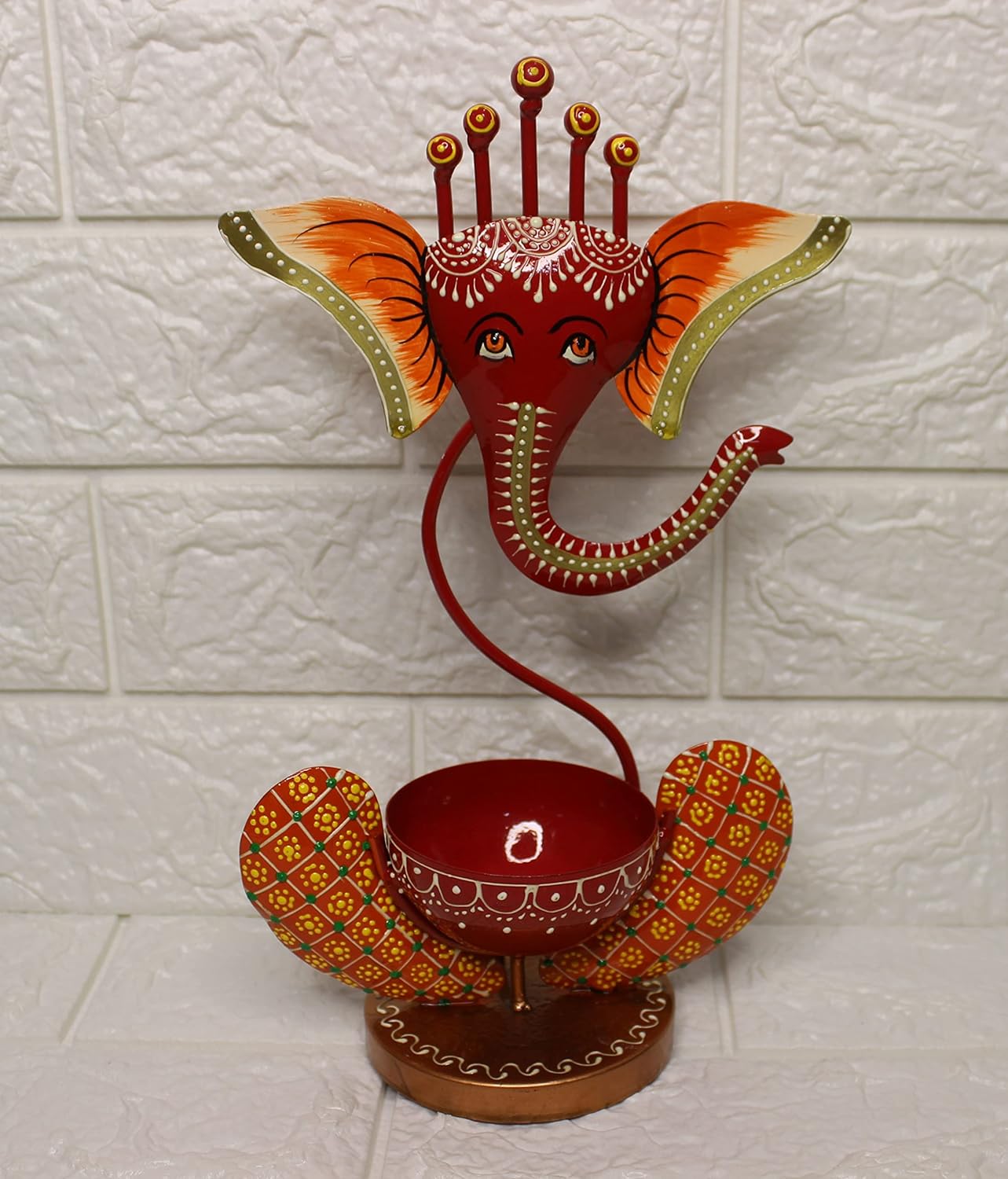 Iron Metal Lord Ganesh Tealight Candle Holder Red, 12 Inch