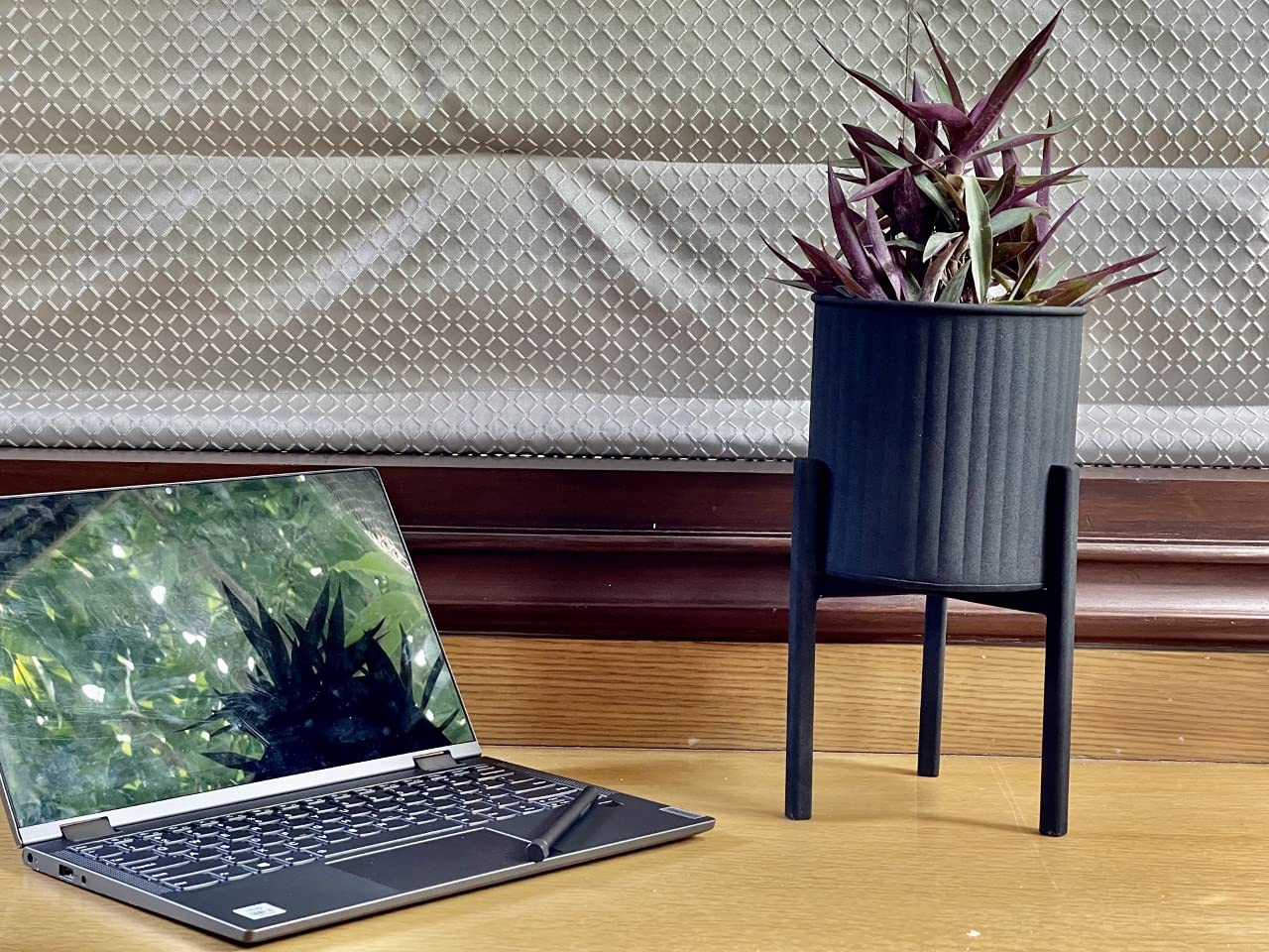 Sophisticated Strip Design Matt Black Iron Planter Holder with Stand