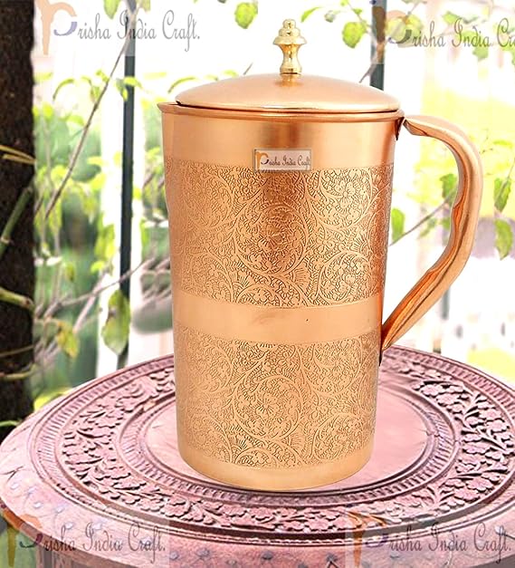 Embossed Design Pure Copper Water Jug Pitcher, Drinkware Set, 1500 ML