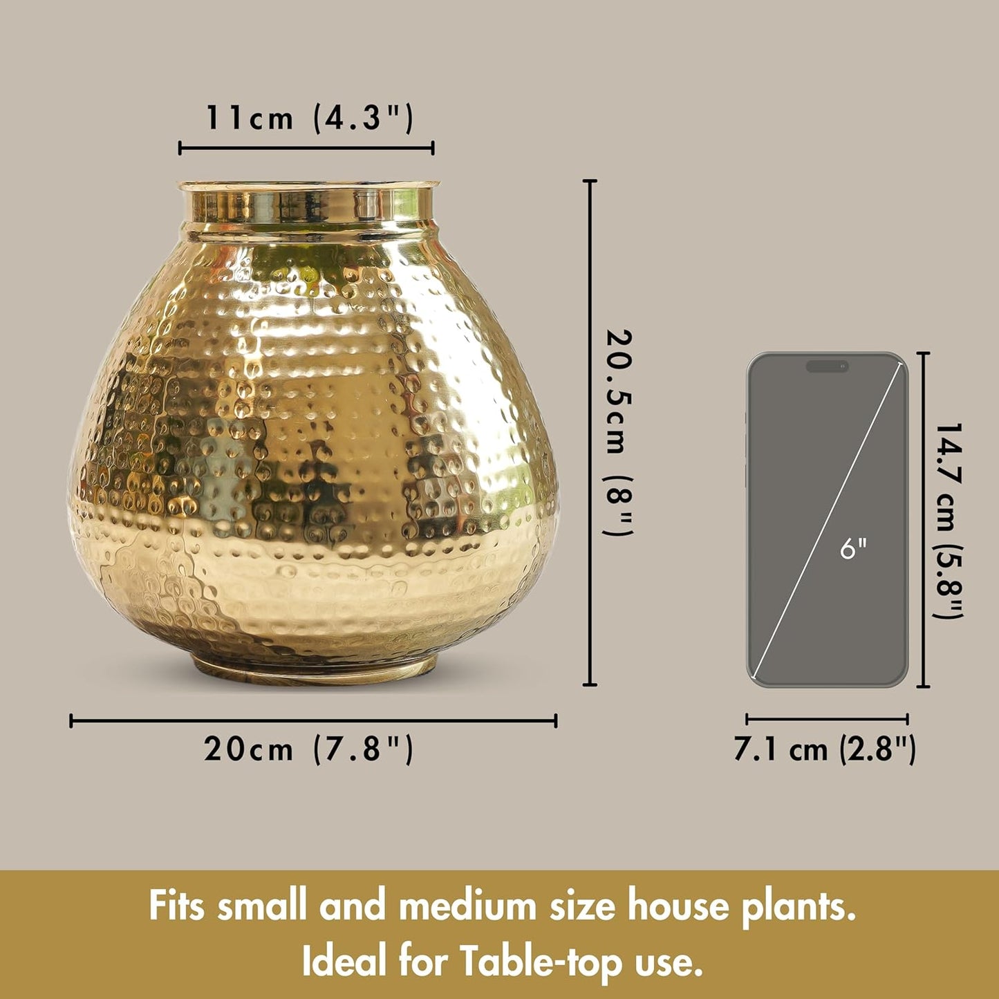 Gold decorative vase with dimensions