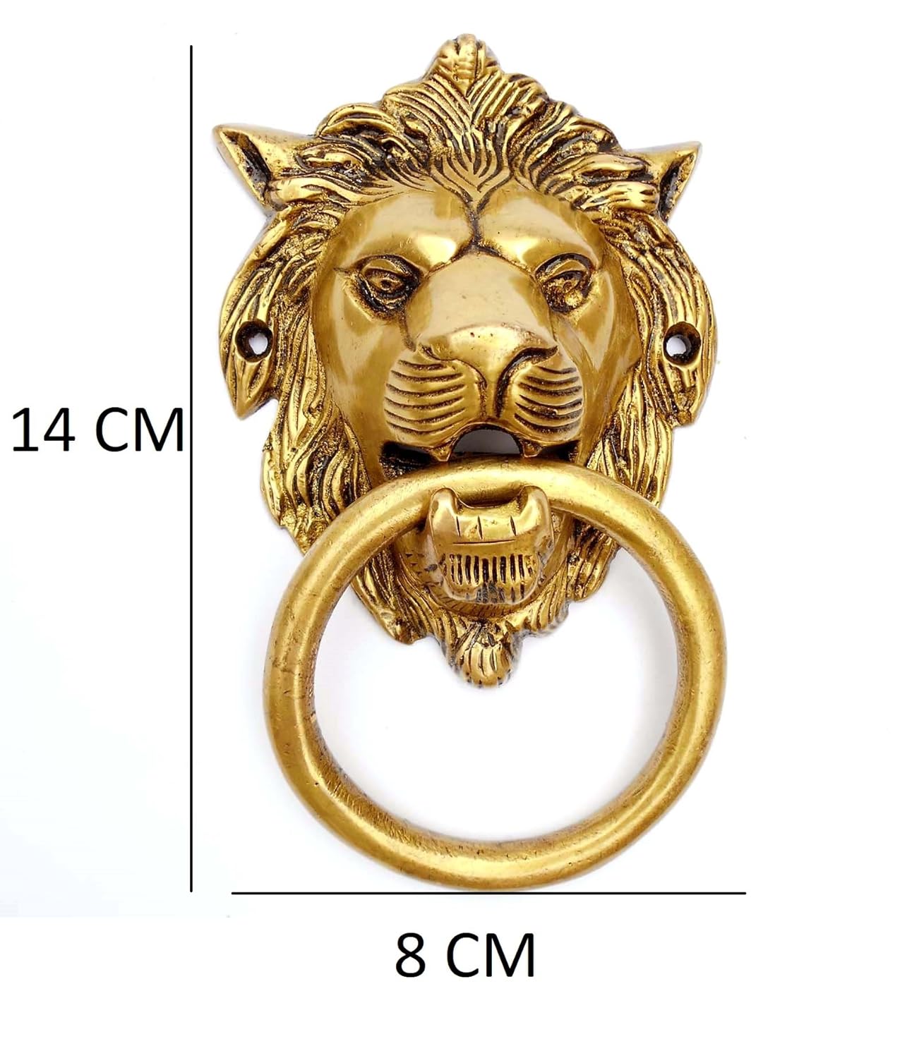 Gold lion head door knocker with measurements on a white background