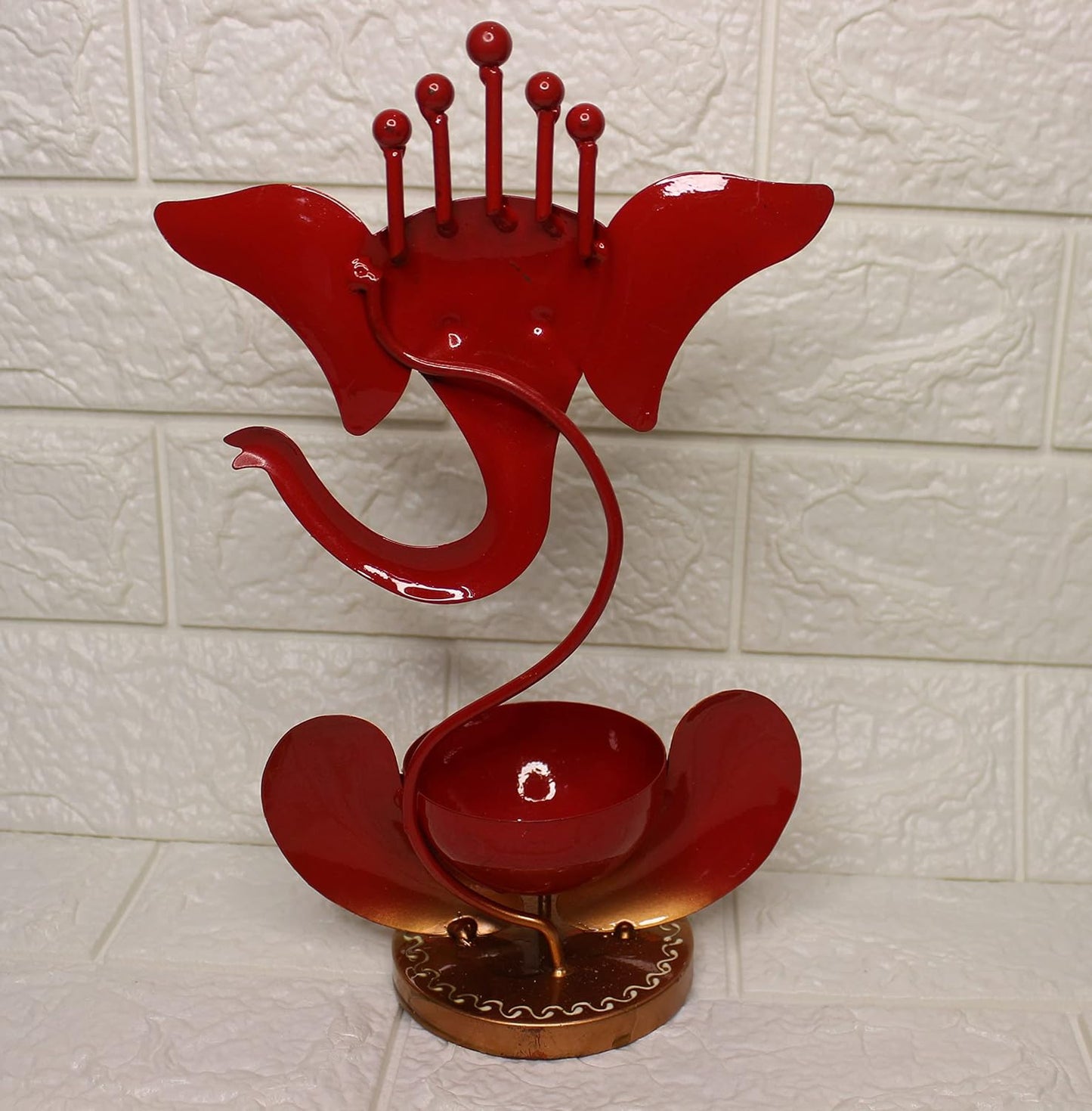 Iron Metal Lord Ganesh Tealight Candle Holder Red, 12 Inch